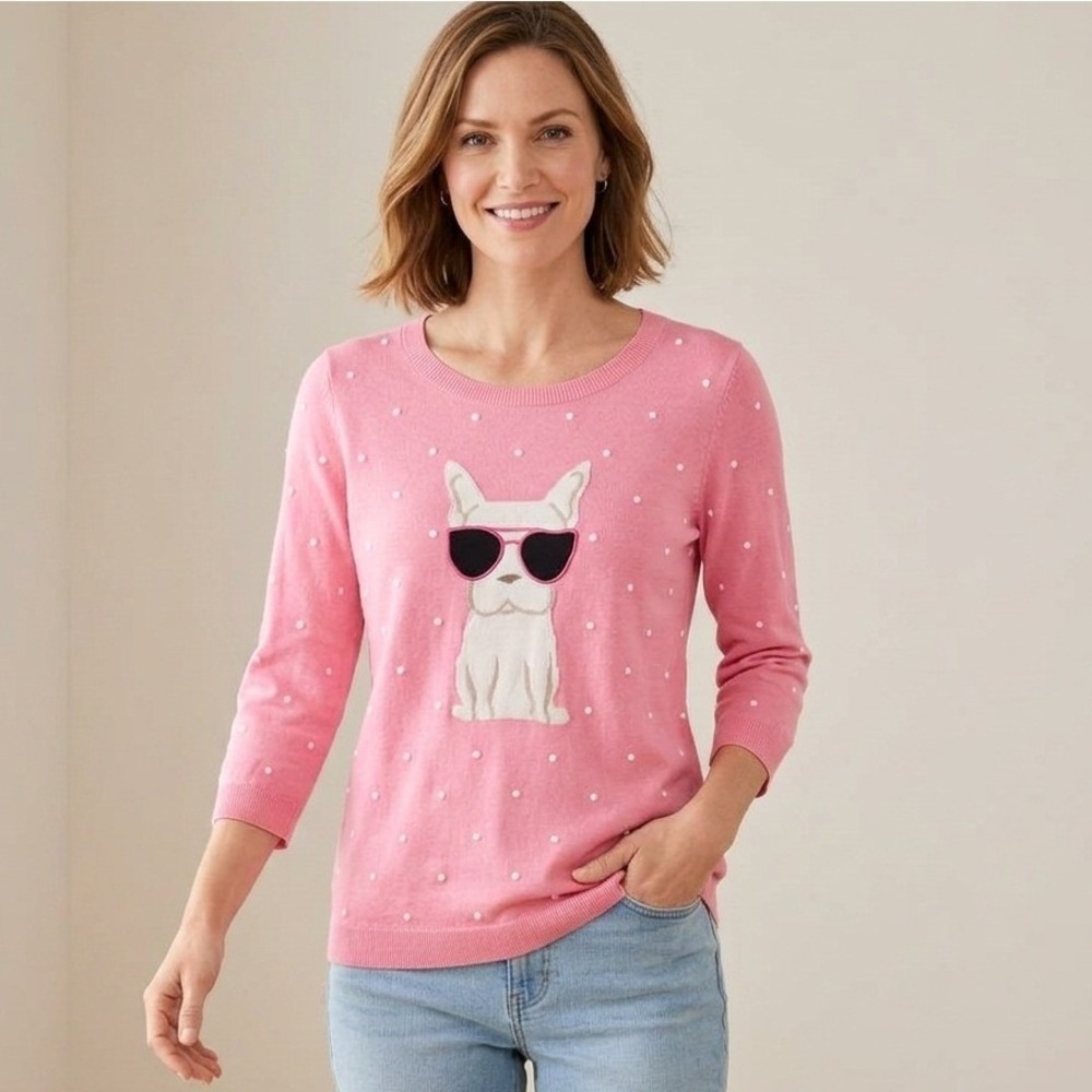 Talbots Sweater Womens Medium Pink Polka Dot French Bulldog Graphic 3/4 Sleeve